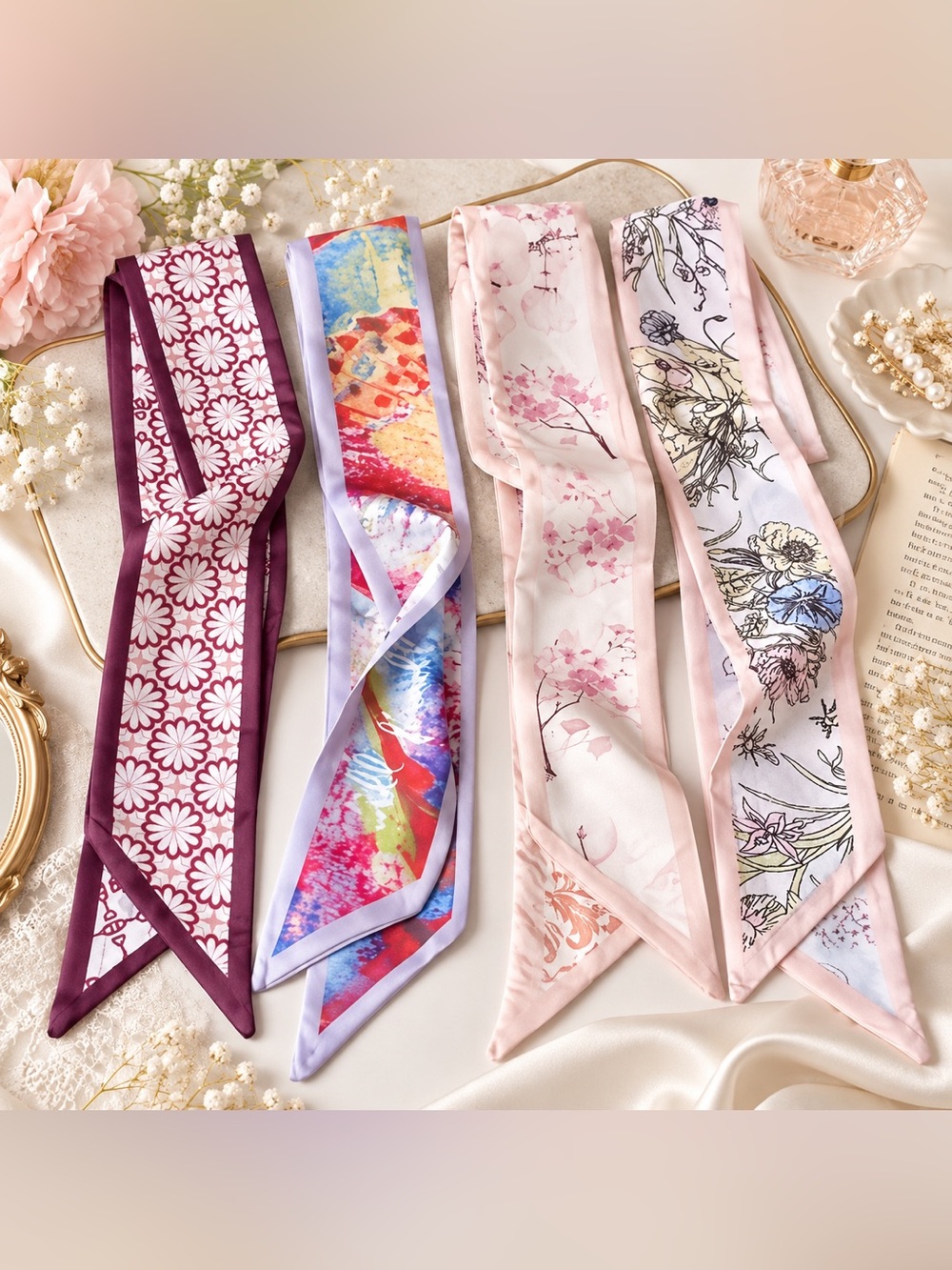 4 Pack Skinny Scarf Twilly Floral Hair Neck Purse Handle Wrap Satin NWT